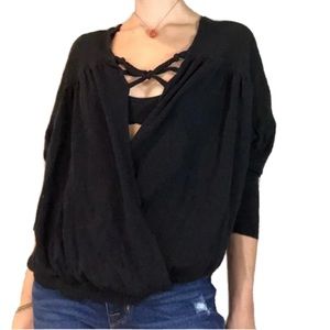 Free People Black Linen Blend Surplice Wrap Top XS